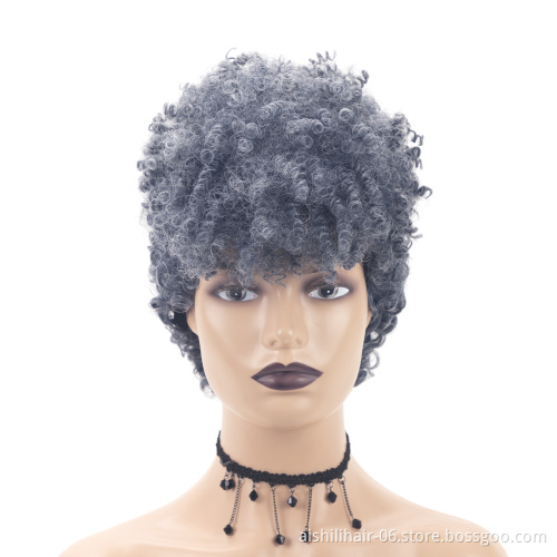 aishili wholesale short afro curly wigs with blue mixed grey pixie cut curly synthetic hair wig for black women